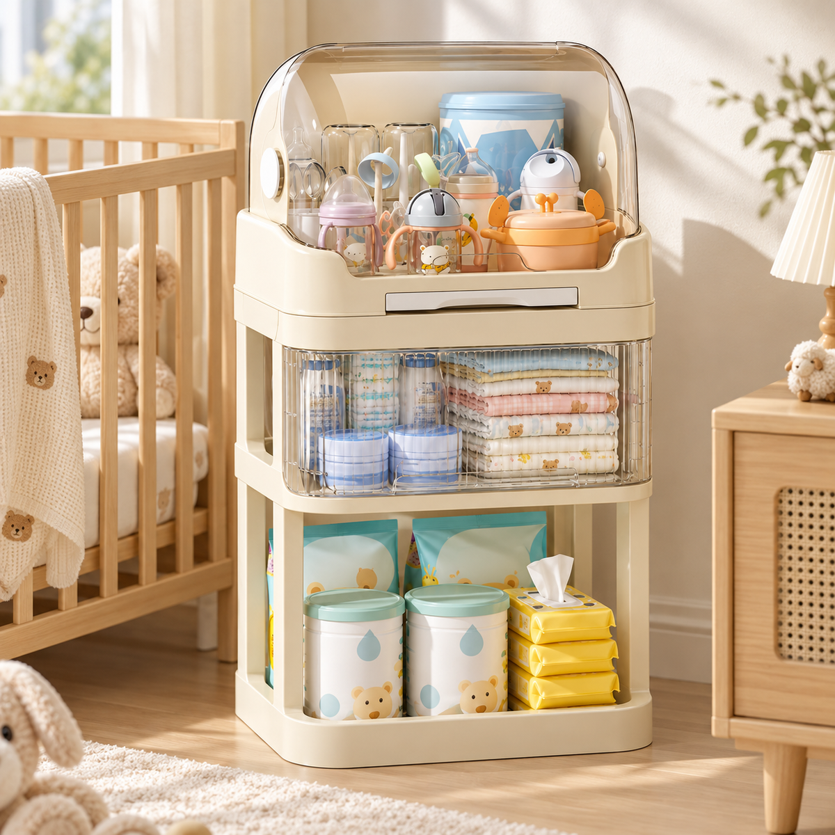 🍼 Space-Saving | Durable PP Baby Care Organizer | Nursery & Changing Station Storage | New Parents | Multi-Layer Transparent Storage Design