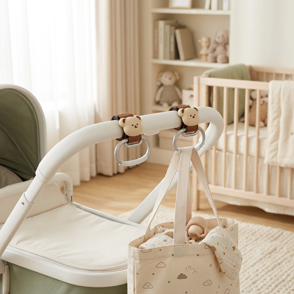 🧸 Baby Essential | Premium Alloy & PU Leather Stroller Hooks | Travel Organizer For Parents | Newborn Gift | Cute Bear Design Heavy Duty Hanging Clips
