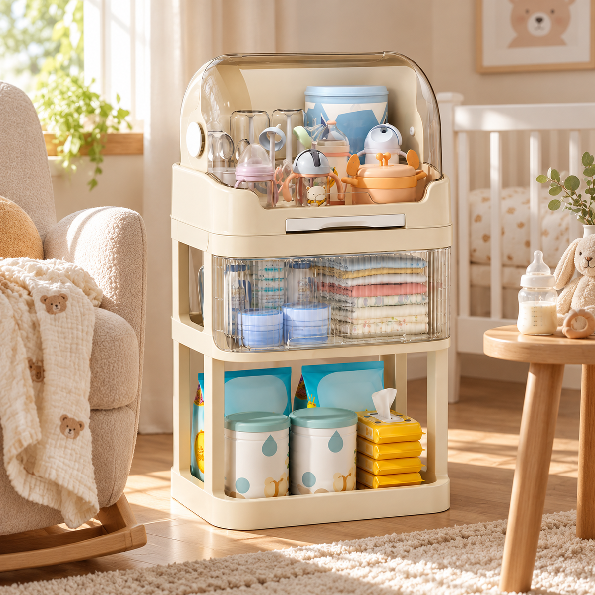 🍼 Space-Saving | Durable PP Baby Care Organizer | Nursery & Changing Station Storage | New Parents | Multi-Layer Transparent Storage Design
