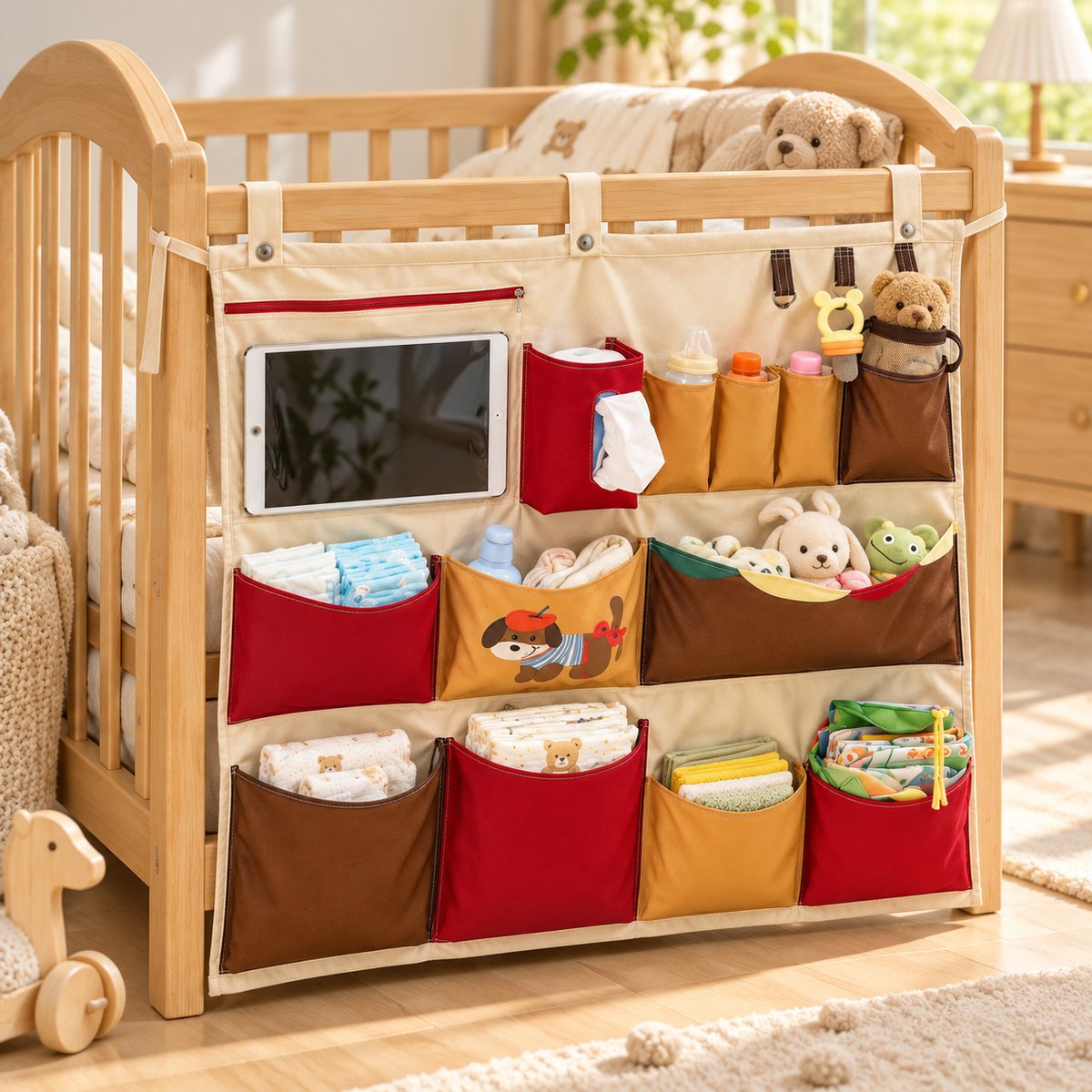 🧸 Baby Nursery Essential | Multi Pocket Crib Organizer | Space Saving Storage For Newborn Care | New Mom Gift | Practical Hanging Design