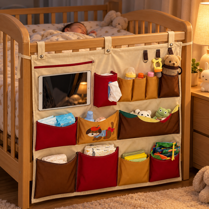 🧸 Baby Nursery Essential | Multi Pocket Crib Organizer | Space Saving Storage For Newborn Care | New Mom Gift | Practical Hanging Design