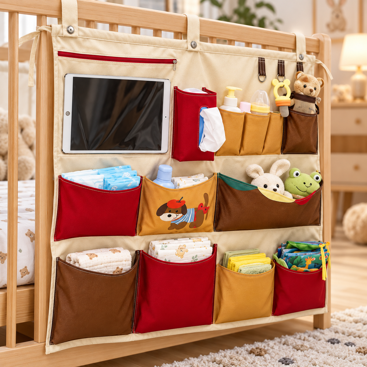 🧸 Baby Nursery Essential | Multi Pocket Crib Organizer | Space Saving Storage For Newborn Care | New Mom Gift | Practical Hanging Design