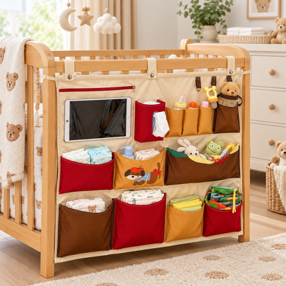 🧸 Baby Nursery Essential | Multi Pocket Crib Organizer | Space Saving Storage For Newborn Care | New Mom Gift | Practical Hanging Design