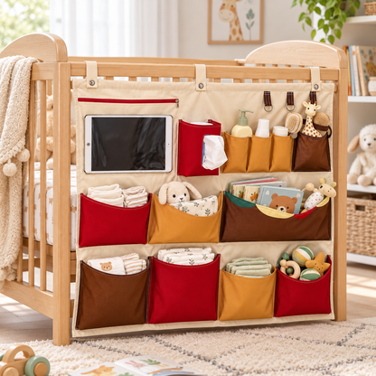 🧸 Baby Nursery Essential | Multi Pocket Crib Organizer | Space Saving Storage For Newborn Care | New Mom Gift | Practical Hanging Design