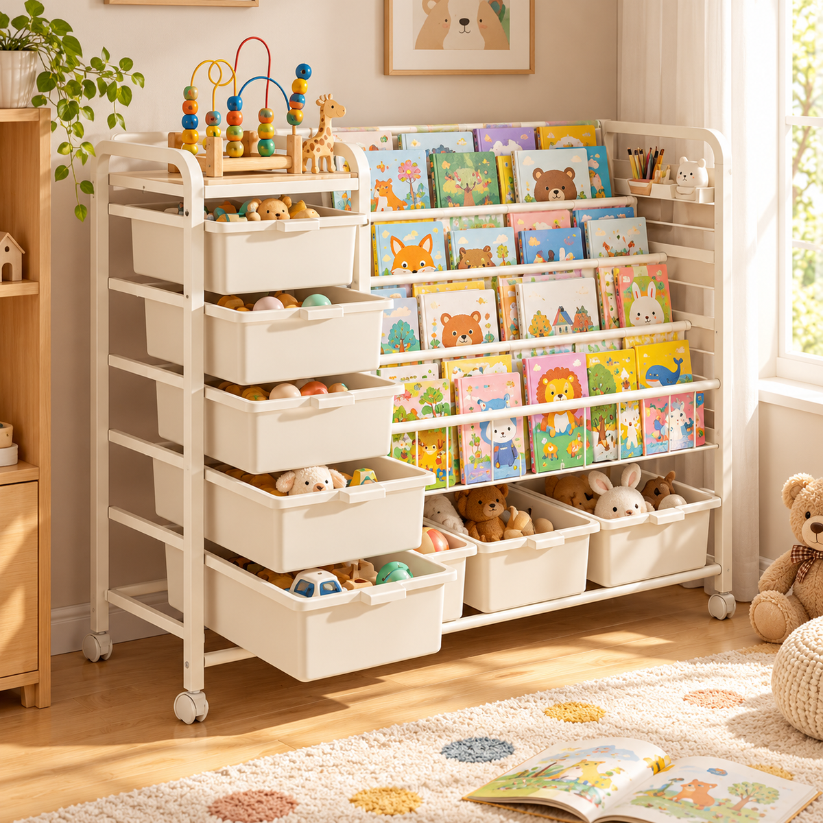 🌈 Child-Friendly | Sturdy Playroom Storage Rack | Kids Room Book Organizer | Parent Gift | Multi-Zone Display Design