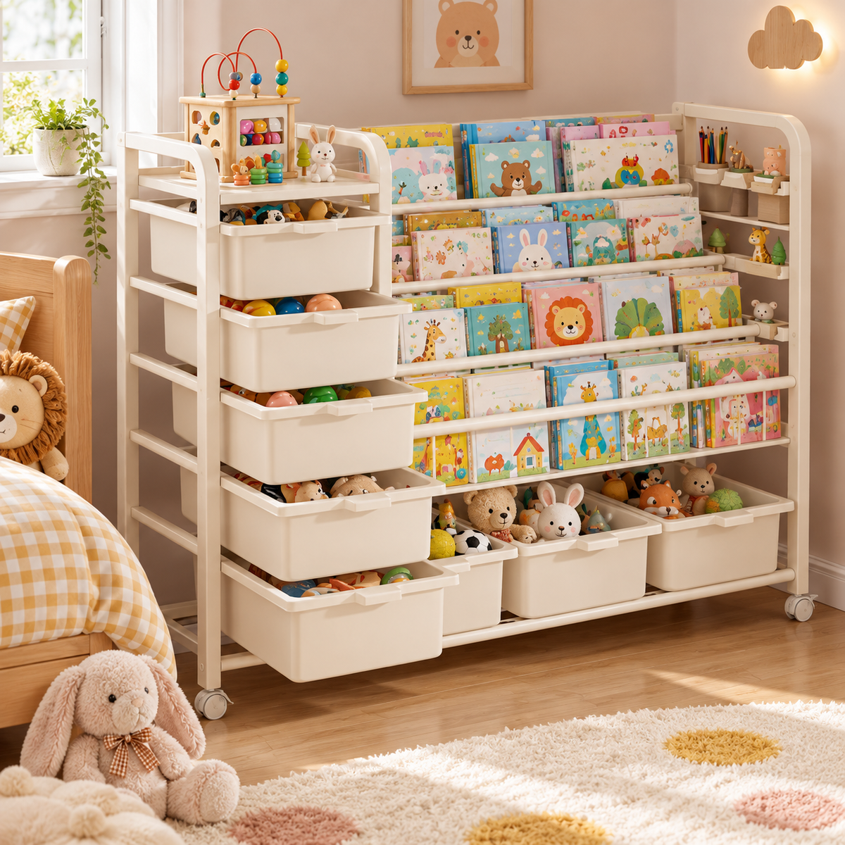 🌈 Child-Friendly | Sturdy Playroom Storage Rack | Kids Room Book Organizer | Parent Gift | Multi-Zone Display Design