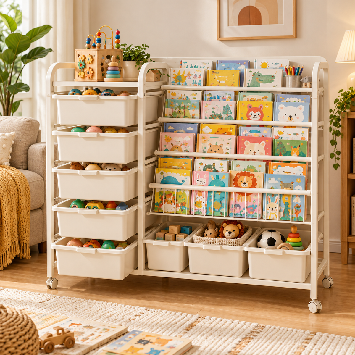 🌈 Child-Friendly | Sturdy Playroom Storage Rack | Kids Room Book Organizer | Parent Gift | Multi-Zone Display Design