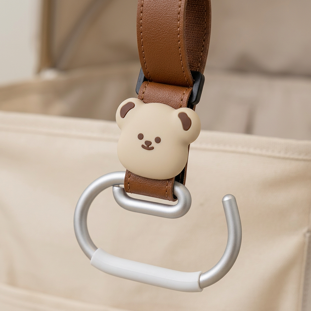 🧸 Baby Essential | Premium Alloy & PU Leather Stroller Hooks | Travel Organizer For Parents | Newborn Gift | Cute Bear Design Heavy Duty Hanging Clips