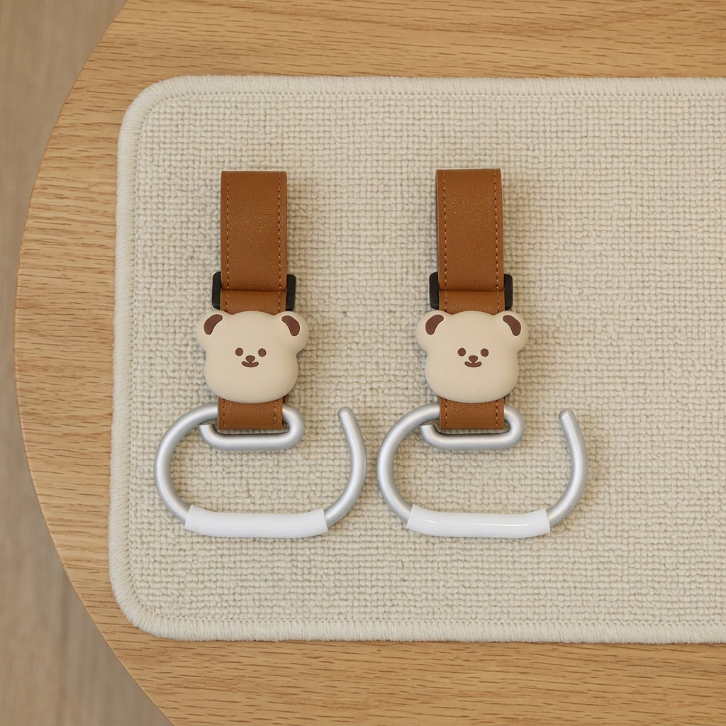 🧸 Baby Essential | Premium Alloy & PU Leather Stroller Hooks | Travel Organizer For Parents | Newborn Gift | Cute Bear Design Heavy Duty Hanging Clips