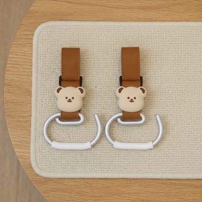 🧸 Baby Essential | Premium Alloy & PU Leather Stroller Hooks | Travel Organizer For Parents | Newborn Gift | Cute Bear Design Heavy Duty Hanging Clips
