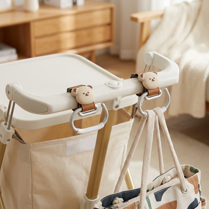🧸 Baby Essential | Premium Alloy & PU Leather Stroller Hooks | Travel Organizer For Parents | Newborn Gift | Cute Bear Design Heavy Duty Hanging Clips