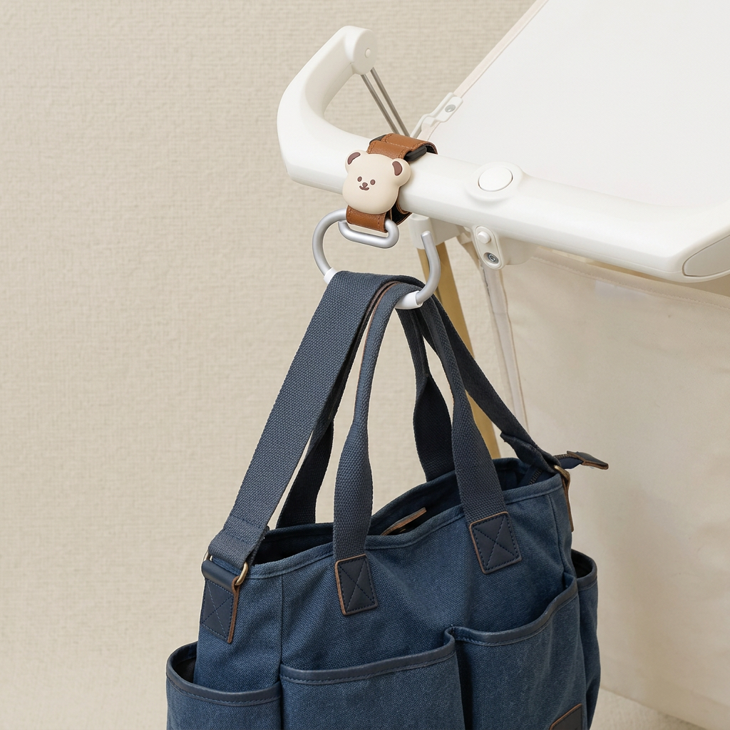 🧸 Baby Essential | Premium Alloy & PU Leather Stroller Hooks | Travel Organizer For Parents | Newborn Gift | Cute Bear Design Heavy Duty Hanging Clips