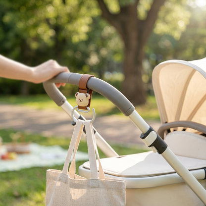 🧸 Baby Essential | Premium Alloy & PU Leather Stroller Hooks | Travel Organizer For Parents | Newborn Gift | Cute Bear Design Heavy Duty Hanging Clips