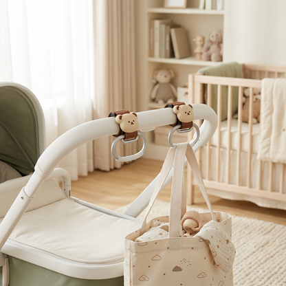 🧸 Baby Essential | Premium Alloy & PU Leather Stroller Hooks | Travel Organizer For Parents | Newborn Gift | Cute Bear Design Heavy Duty Hanging Clips