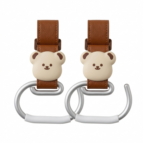 🧸 Baby Essential | Premium Alloy & PU Leather Stroller Hooks | Travel Organizer For Parents | Newborn Gift | Cute Bear Design Heavy Duty Hanging Clips